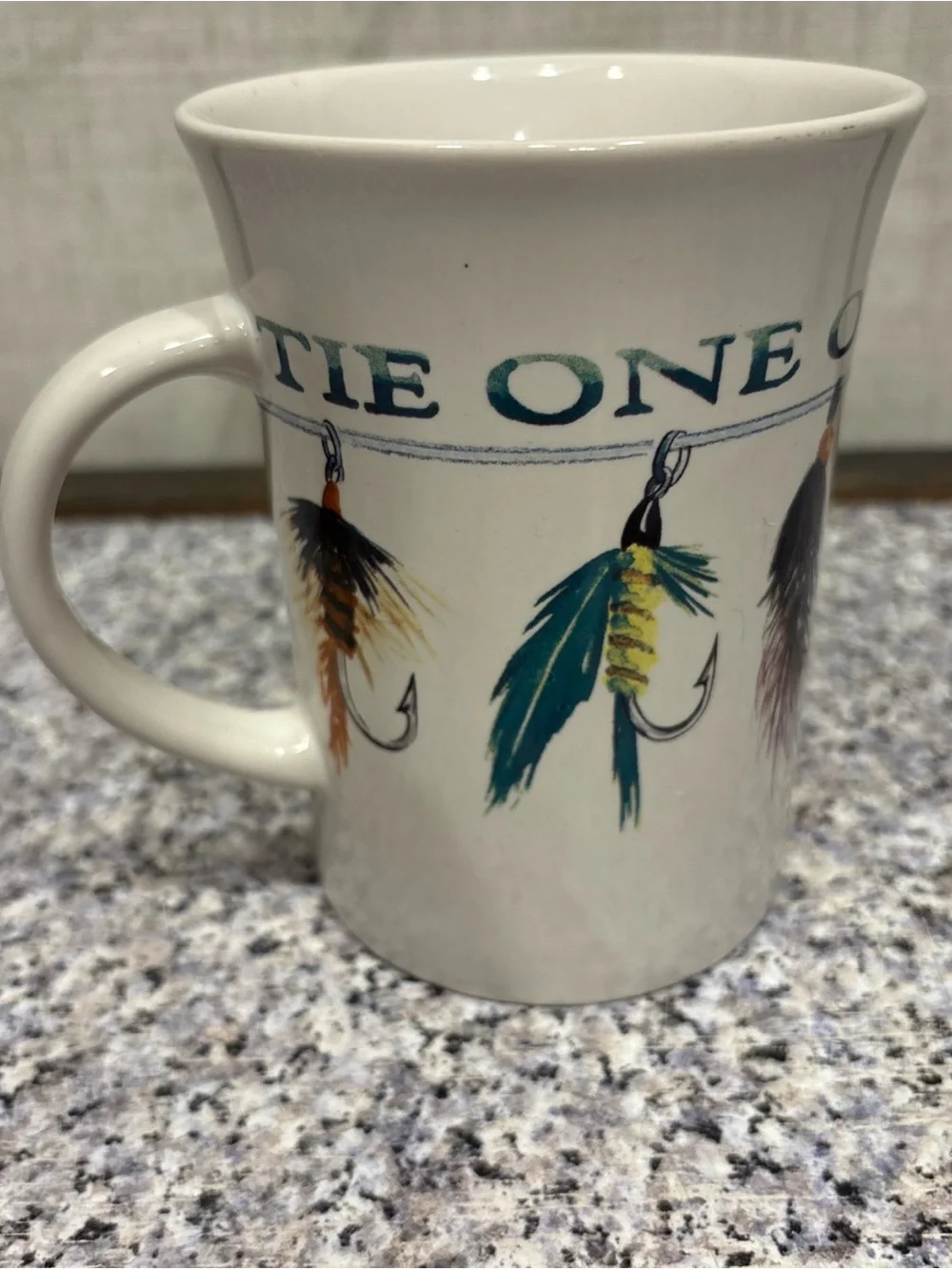 Tie One On! Fly Fishing Mug Pfalzgraff Designer Collection Coffee Cup 12 oz Gift